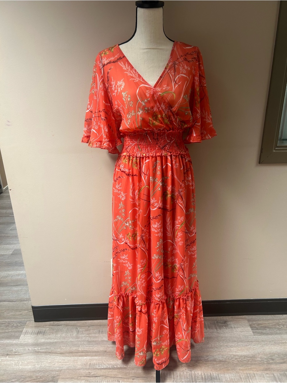 Coral Floral Wrap-Front Maxi Dress with Smocked Waist